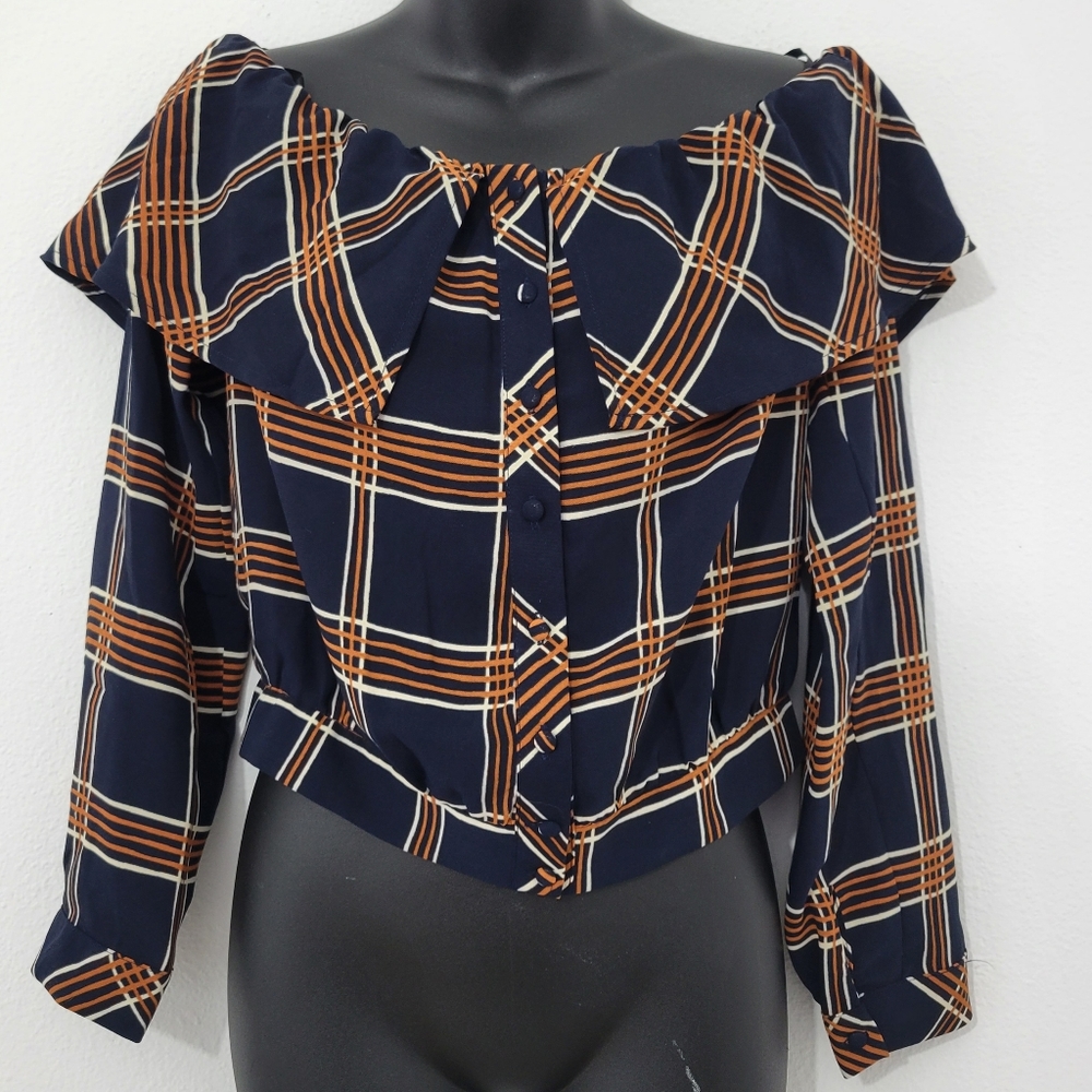 J.O.A. Checked Plaid Off Shoulder Ruffle Top - Picture 4 of 7